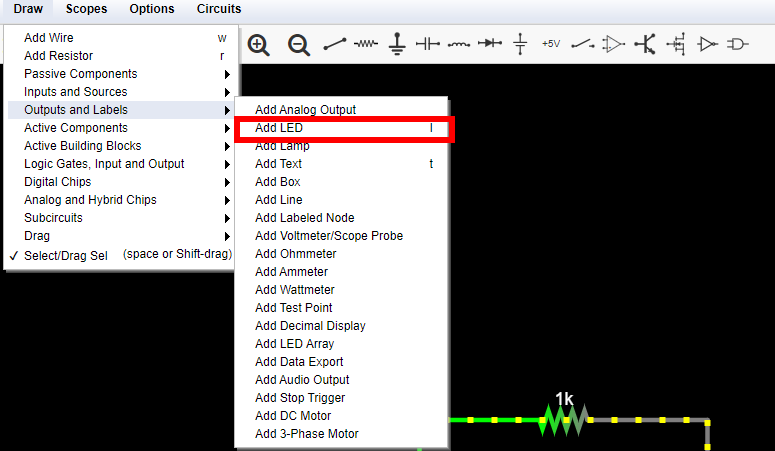 Screenshot: Circuit Simulator - LED - Menu entry