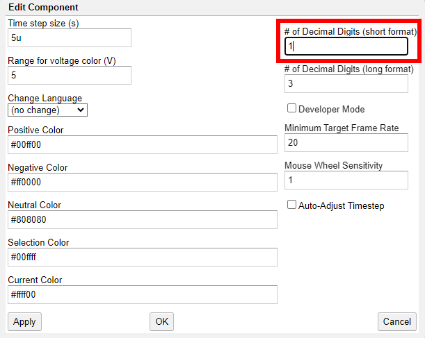 Screenshot: Circuit Simulator - Other options - Decimal Digits