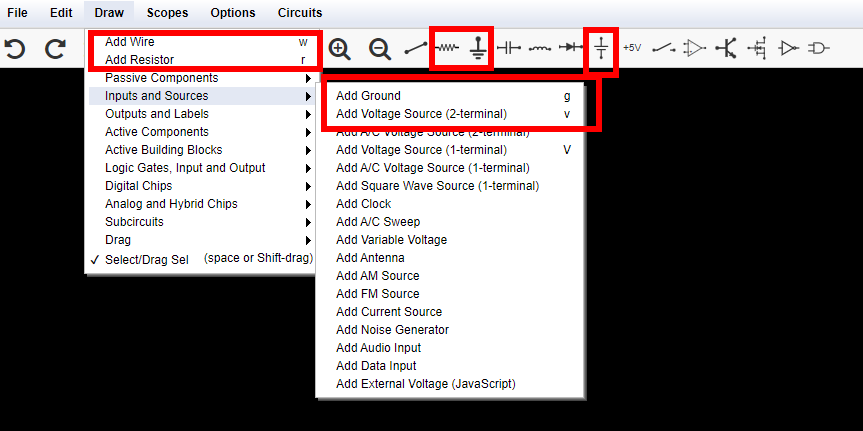 Screenshot: Circuit Simulator - Voltage source, ground, resistor, wire